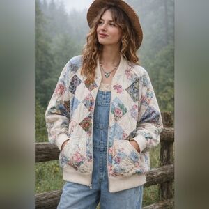 Vintage Victorian Hearts Patchwork Quilt Jacket Floral Cottagecore USA Made M